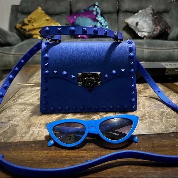 Blue Studded Women's Bag and blue sunglasses - Picture 1 of 7